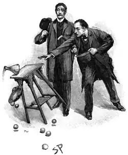 Holmes převrhává stolek. (ilustrace z roku 1893, Sidney Paget, The Strand Magazine)
