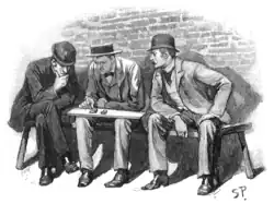 Lestrade, Holmes a Watson prohlíží obsah krabice. (1893, Sidney Paget, The Strand Magazine)
