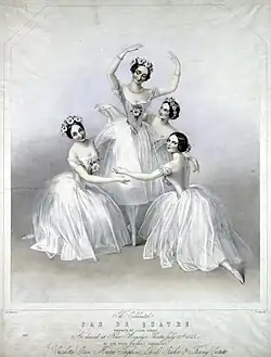 Pas de Quatre, litografie od A. E. Chalona. Odleva: Carlotta Grisiová, Marie Taglioniová, Lucile Grahnová, Fanny Cerritová
