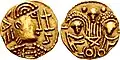 Zlatá thrymsa se „dvěma císaři“ a postavou Victorie, asi z let 650–675.