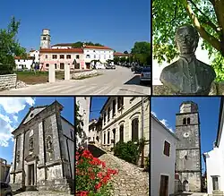 Nahoře: Náměstí, socha Juraje Dobrily Dole: Kostel sv. Šimona a Judy Tadeáše, stará ulice s kočičími hlavami, hodinová věž