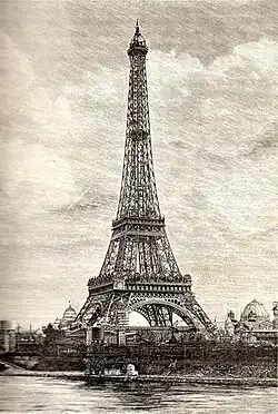 Stavba Eiffelovy věže, rytina, 1889