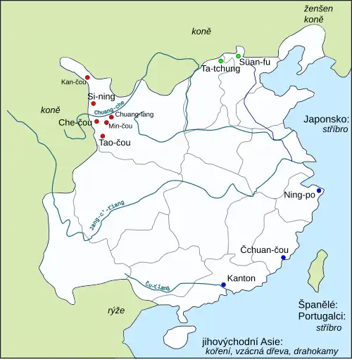 Mapa Číny, červeně vyznačeno šest měst na severozápadě při hranici s Tibetem, zeleně dvě na severu (Ta-tchung a Süan-tu), modře tři přístavy na jihovýchodě (Ning-po, Čchüan-čou, Kanton).