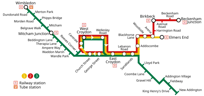 Mapa tras tramvajové sítě Tramlink))