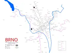 Schéma tramvajových tratí v Brně v roce 2025