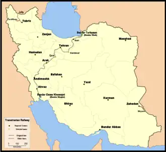 Trasa Transíránské železnice na mapě Íránu