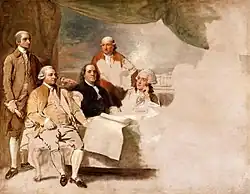 Pařížská smlouva. (Treaty of Paris), zachycuje americkou delegaci při podpisu Pařížské smlouvy roku 1783, britská delegace odmítla pózovat a obraz nebyl nikdy dokončen, 1783–1784