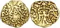 Zlatá merovejská mince, ražená v Chalon (6. stol.)