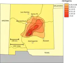 Spad kolem Trinity Site v rentgenech. Radioaktivní oblak se pohyboval severovýchodně.