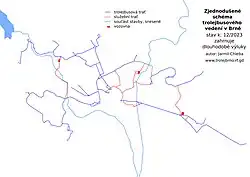 Schéma trolejbusových tratí v Brně v roce 2023