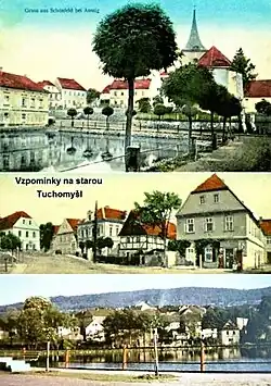 Vzpomínkový pohled, vytvořený z dobových fotografií zaniklé obce