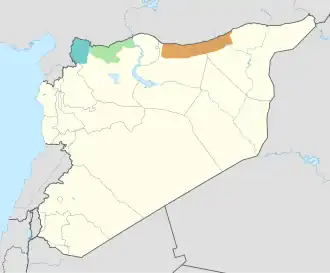 Území zabrané při operaci Eufratský štít (2016) Území zabrané při operaci Olivová ratlest (2018) Území zabrané při operaci Pramen míru (2019)