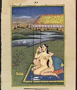 Vodomalba zobrazující dvě objímající se ženy, které užívají mrkve jako dilda z 20. století