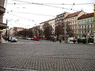 Pohled od křižovatky Bělehradské a Jugoslávské (2019)