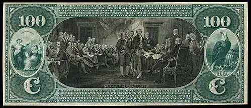 Americká 100-dolarová bankovka, 1863, National Bank Note (reverse)