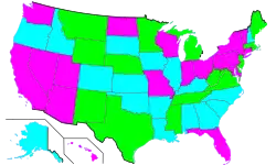Rozdělení států do volebních skupin.      Skupina 1 a 2      Skupina 1 a 3      Skupina 2 a 3