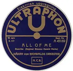 Etiketa na gramofonové desce Ultraphonu pro švédský trh