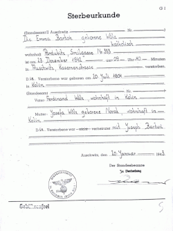 Německy psaný úmrtní list Emilie Bartoňové z KT Osvětim