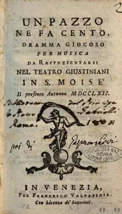 Titulní strana libreta k opeře Jeden blázen sto jiných nadělá