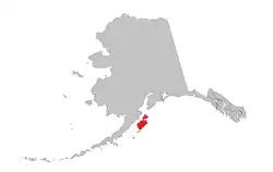 Aljaška a rozšíření medvěda kodiaka (červeně)