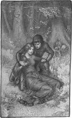 Ilustrace „Nebudu tvá žena?“ Král Uther a Igraine po Gorloisově smrti, ilustrace polského ilustrátora žijícího ve Spojených státech Władysława Bendy (1873–1948) pro román Uther and Igraine (1903) anglického romanopisce Warwicka Deepinga (1877–1950)