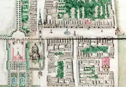 Návrh územního generelu Václava Petruzziho (1730) zahrnuje i nároží s radnicí vpravo za městskou věží.