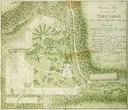 Mapový výkres, v jehož pravé horní čtvrtině je legenda a zbylou plochu zaujímá zákres parku. Ten je vyveden v tmavých linkách na bílé ploše. Pouze stromy, keře a trávníky jsou vyvedeny zelenou barvou.