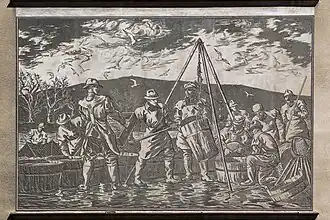 Jan Halla, Výlov rybníka, 1954, sgrafito na boční fasádě bytového domu v Čechově ulici