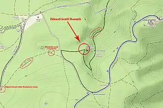 Výřez Mapy.cz s vyznačením "Zákoutí bratří Russellů"
