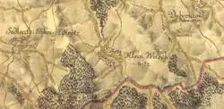 Mapa Prvního vojenského mapování z roku 1764, ve spodní části je vyobrazen les s nápisem Pfaffen-Wald a červeně naznačená českomoravská hranice, uprostřed obrázku je zakresleno červeně několik domů po obou stranách Jamenského potoka, napravo je nápis Klein Wieschnitz. Vlevo je zakreslený Ždírec, uprostřed s křížkem jako označení pro kostel a nápisem Sedlentz: Böhm. Zdiretz. V pravém horním rohu se nachází část sídla Dobroutov s nápisem Dobroutow vel. Dobrowitow.