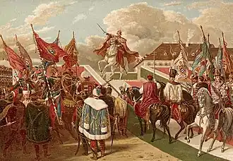 Ferdinand V. na koni ukazuje mečem na světové strany (1830)