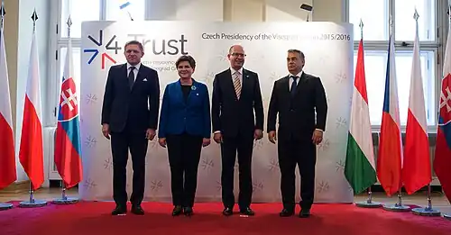 Zleva: Robert Fico, Beata Szydłová, Bohuslav Sobotka, Viktor Orbán Praha 2015 (premiéři)