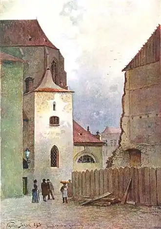 Václav Jansa – kaple sv. Ludmily u Týnského chrámu od Celetné (zbořena 1886). Vpravo dům U Hřebene (torzo, zbořeno 1882 – uvolnění prostoru koňce)