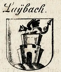 Černobílý obrázek hradní brány, na které sedí drak. Nahoře je nápis Laÿbach.