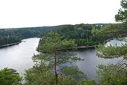 Soutok Otavy s Vltavou ze staré Kazimourovy silnice.