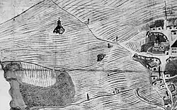 Výřez veduty Karla Ludvíka Chrámka z roku 1728, kde je kaple zachycena u cesty