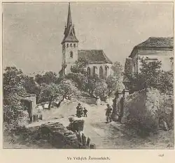 Filiální kostel svatého Mikuláše ve Velkých Žernosekách na malbě A. Lewého (kol. roku 1892)