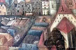 Podoba domu z roku 1670, pohled z Věžní ulice (dům vlevo uprostřed), zachycená na obraze Jidřicha de Verle.