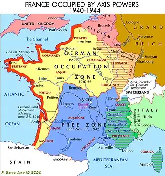 Vichistická Francie (modře)