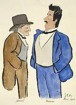 akvarelová kresba Sardoua a Pucciniho, stojících proti sobě