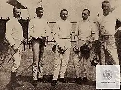 Letní olympijské hry 1908 Londýn, družstvo šermířů, jehož členy byli Vilém Goppold, Bedřich Schejbal, Jaroslav Šourek-Tuček, Otakar Lada a Vlastimil Lada-Sázavský