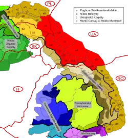 Poloniny v rámci Východních Karpat, vyznačeny červeně