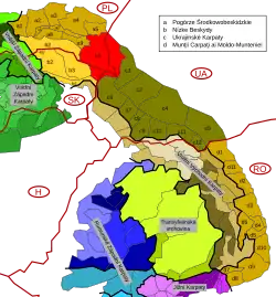 Bukovské vrchy v rámci Karpat, vyznačeny červeně