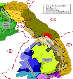 Čornohora v rámci Východních Karpat, vyznačena červeně