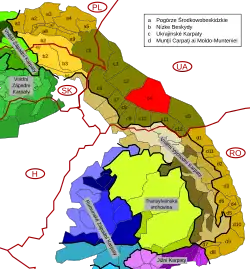Horhany v rámci Východních Karpat, vyznačeny červeně