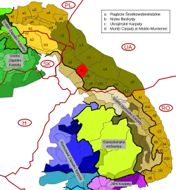 Polonina Boržava v rámci Východních Karpat, vyznačena červeně, polonina Kuk označena c8