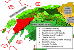 Slovensko-moravské Karpaty v rámci Západních Karpat, vyznačeny červeně