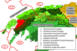 Vizovická vrchovina v rámci Vnějších Západních Karpat, vyznačena červeně