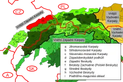 Vnější Západní Karpaty, Podbeskydská pahorkatina vyznačena červeným polem