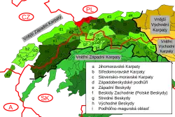 Vnější Západní Karpaty, Slezské podhůří vyznačeno červeným polem